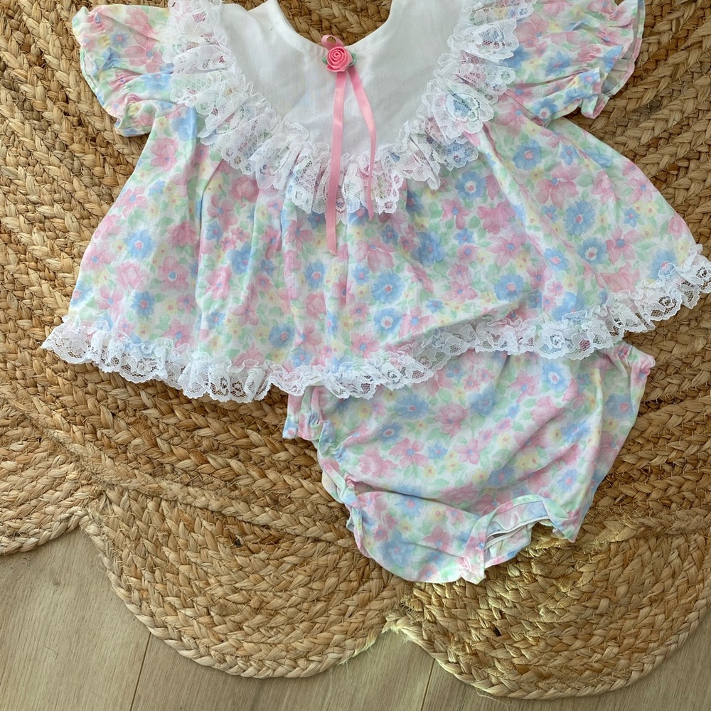 Vintage 90’s Cutest One Floral Dress Set 6-9 Months Lace Trim Bloomers